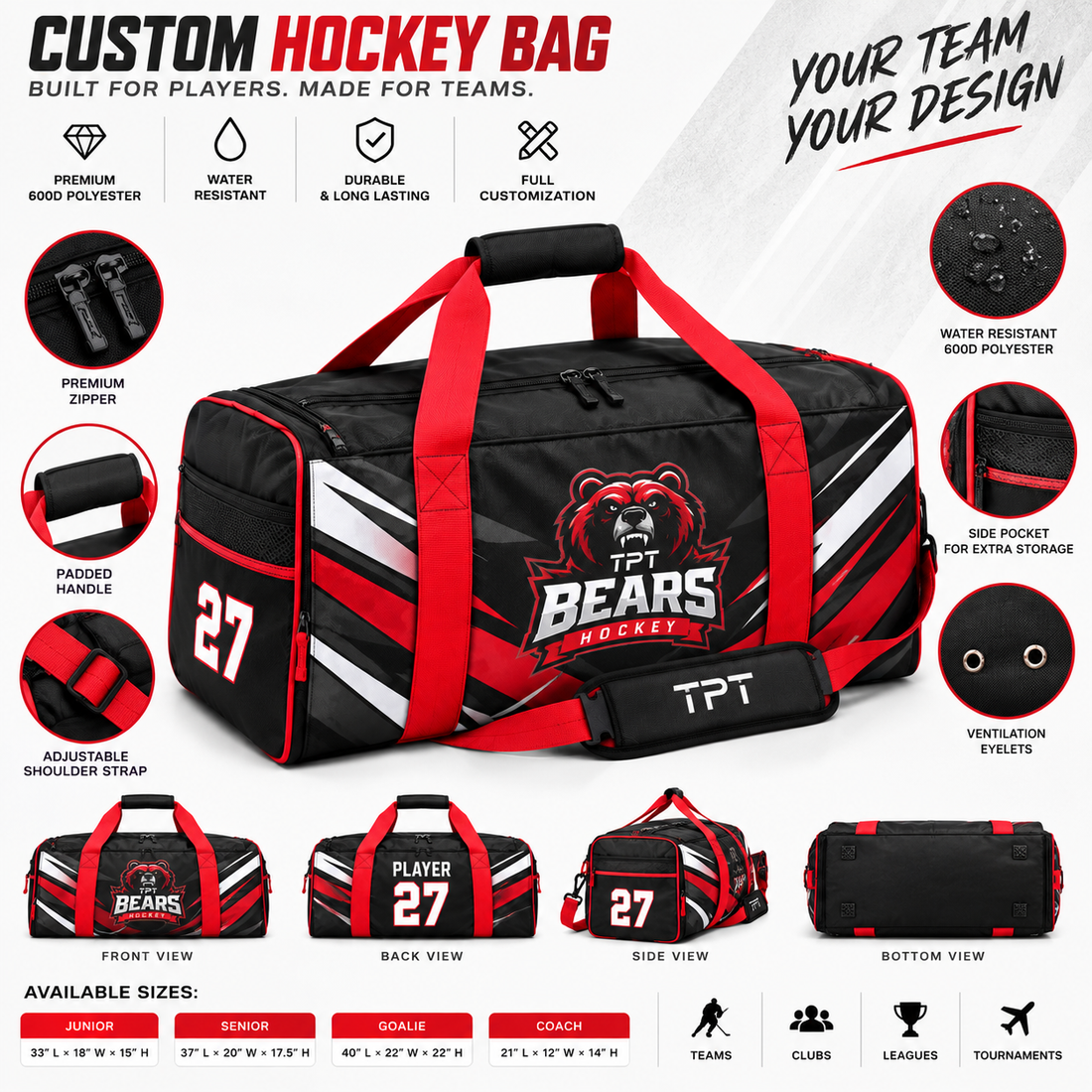 Custom hockey bag with 1000D polyester, water-resistant material, pockets and team customization