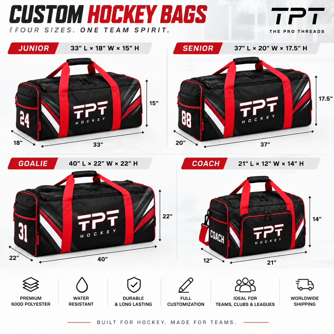 Custom ice hockey bag size chart showing Junior, Senior, Goalie and Coach dimensions