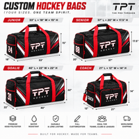 Custom ice hockey bag size chart showing Junior, Senior, Goalie and Coach dimensions