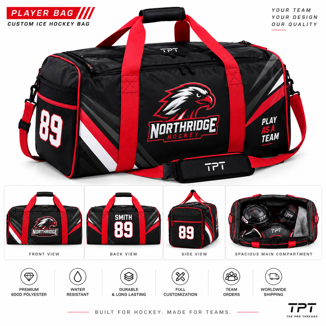 Custom ice hockey player bag with team logo, player number and multiple compartments