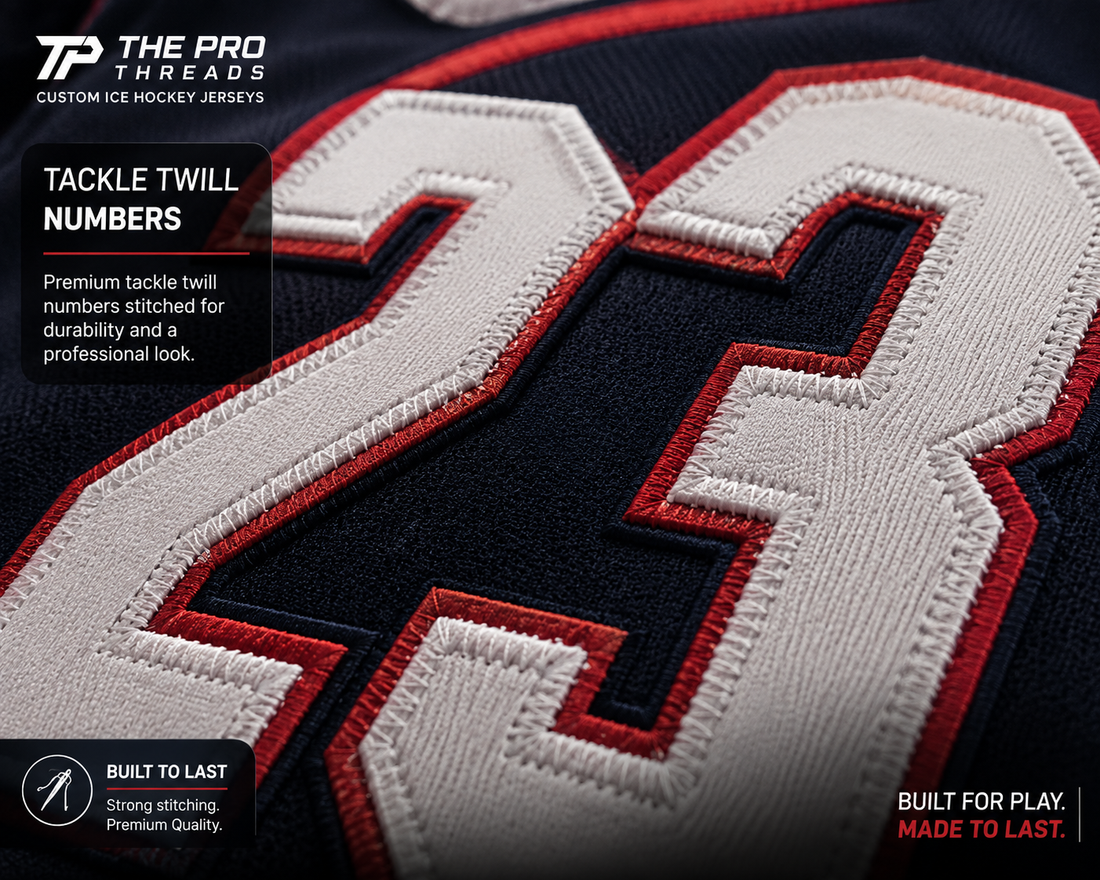 Tackle twill hockey jersey stitched number detail