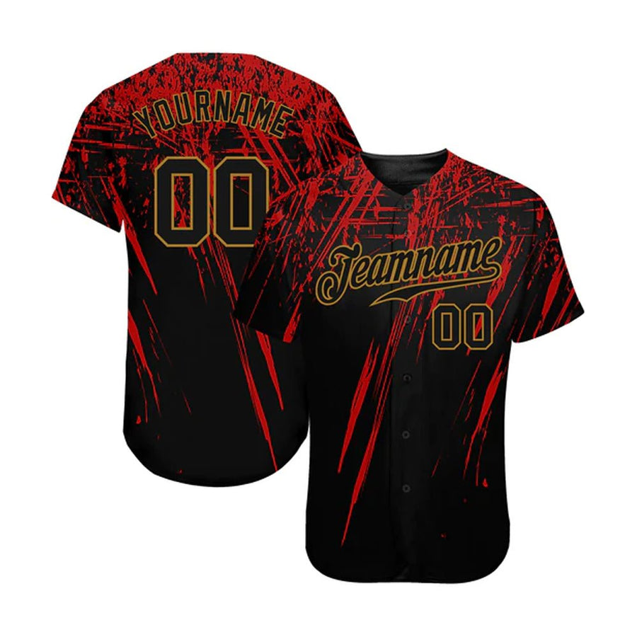 Custom Black Black Red - Old Gold 3D Pattern Design Authentic Baseball Jersey - Taxza Sports
