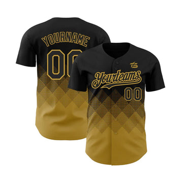 Custom Black Old Gold 3D Pattern Design Gradient Square Shapes Authentic Baseball Jersey - Taxza Sports