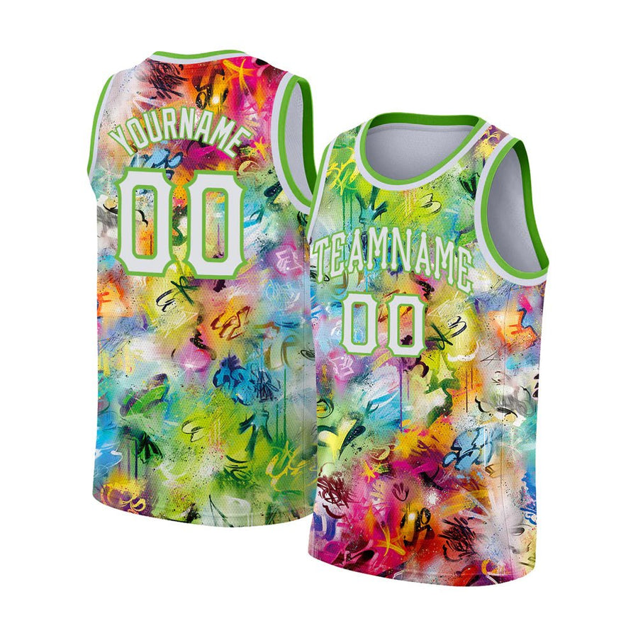 Custom Scratch Graffiti Pattern White - Neon Green 3D Authentic Basketball Jersey - Taxza Sports